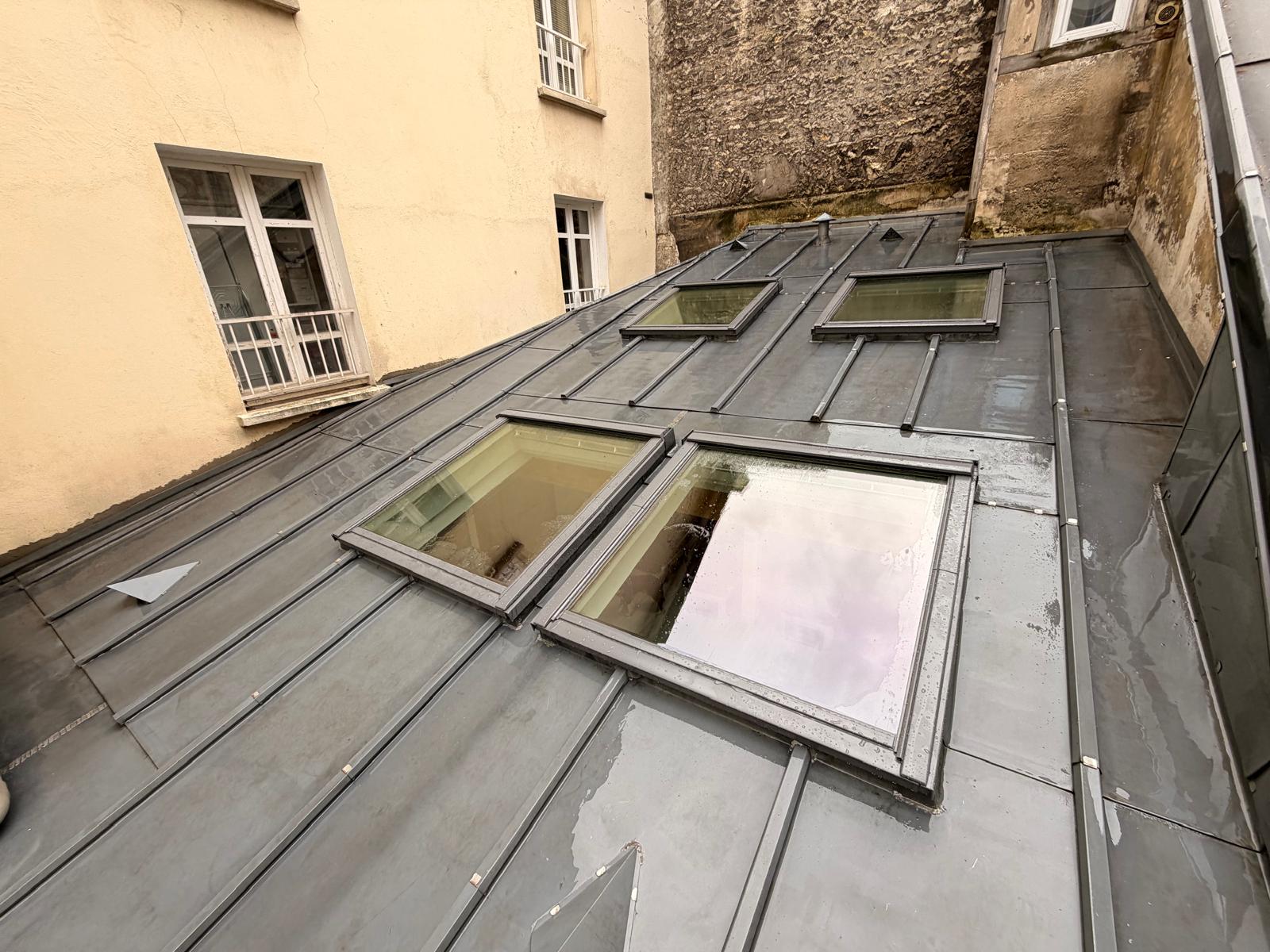 Fenêtres de toit sur un toit zinc en cour d'immeuble